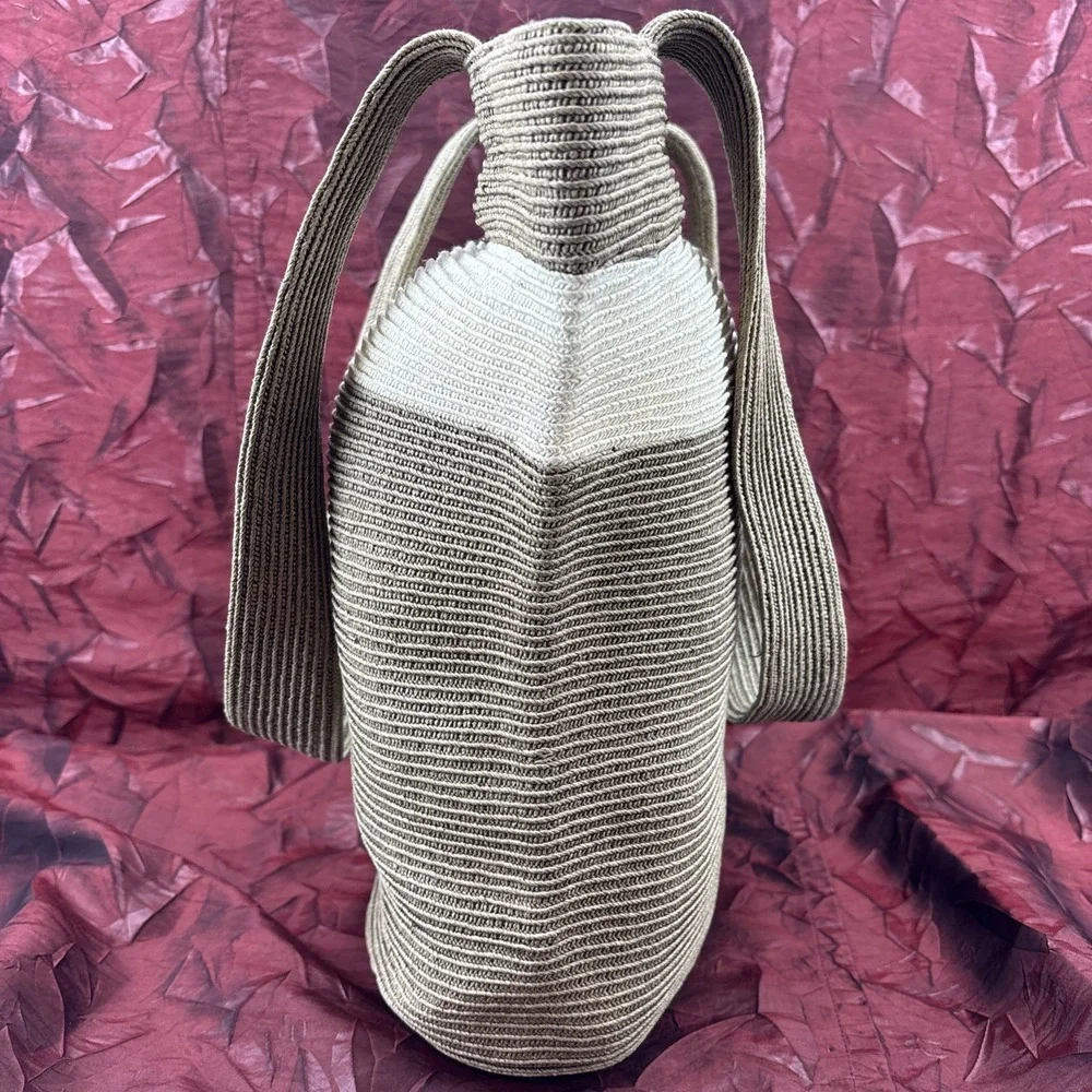 Ann Taylor LOFT Woven Crochet Hobo Bucket Bag Tote Neutral Stripe Shoulder Bag